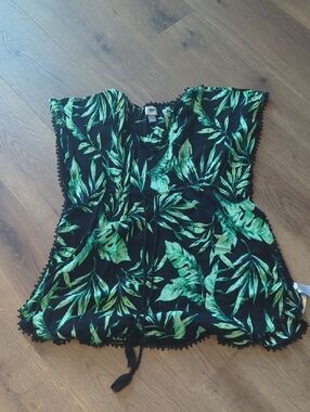 Old Navy Black Top with Green Leaf Print and Tie Detail